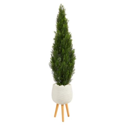 Nearly Natural 5-Foot Cedar Artificial Tree in White Planter with Stand (Indoor/Outdoor), Green