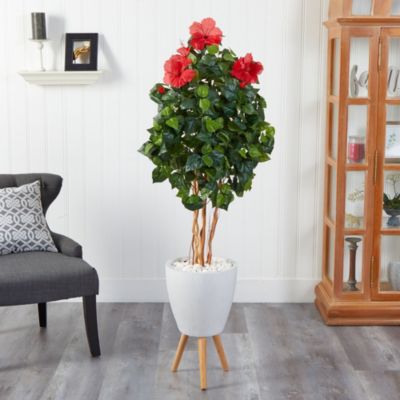 58-Inch Hibiscus Artificial Tree in White Planter with Stand