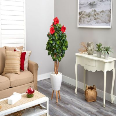 58-Inch Hibiscus Artificial Tree in White Planter with Stand