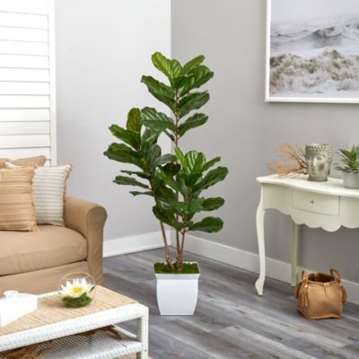 5.5-Foot Fiddle Leaf Artificial Tree in White Metal Planter UV Resistant (Indoor/Outdoor)