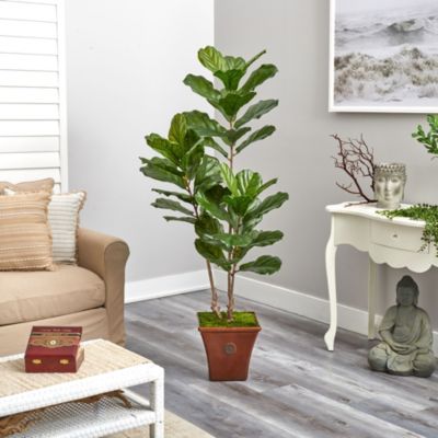 5.5-Foot Fiddle Leaf Artificial Tree in Brown Planter UV Resistant (Indoor/Outdoor)