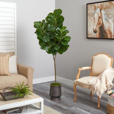 74-Inch Fiddle leaf Fig Artificial Tree in Ribbed Metal Planter