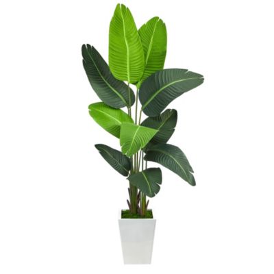 Nearly Natural 5.5-Foot Travelers Palm Artificial Tree in White Metal Planter, Green