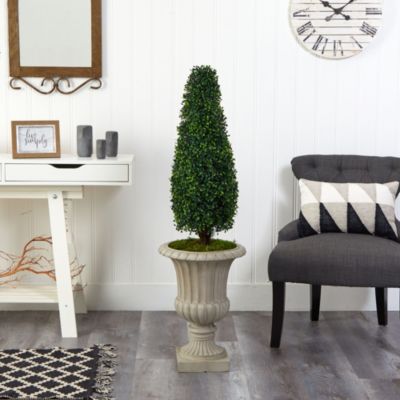 4-Foot Boxwood Tower Artificial Topiary Tree in Sand Finished Urn UV Resistant (Indoor/Outdoor)