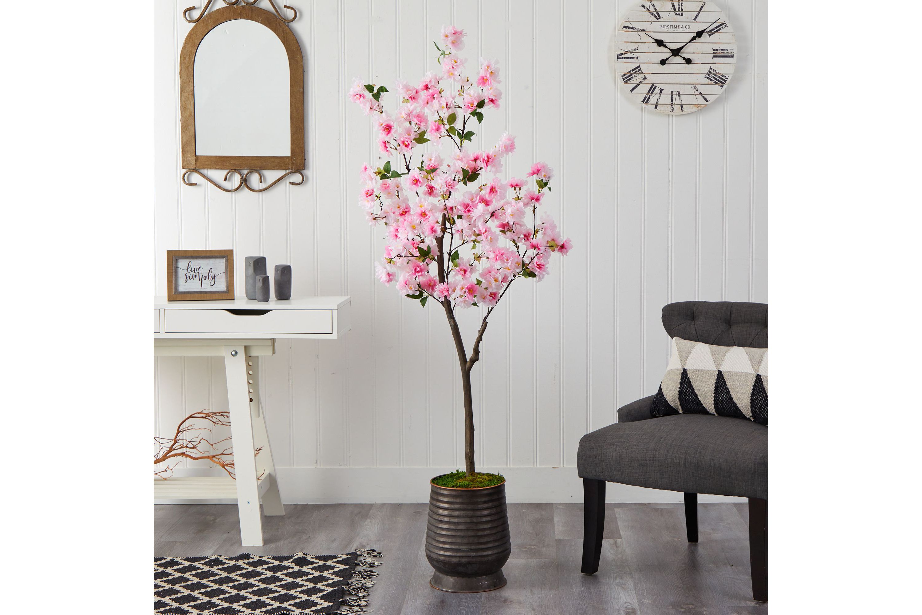 5.5-Foot Cherry Blossom Artificial Tree in Ribbed Metal Planter