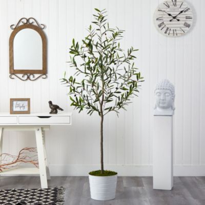 70-Inch Olive Artificial Tree in White Tin Planter