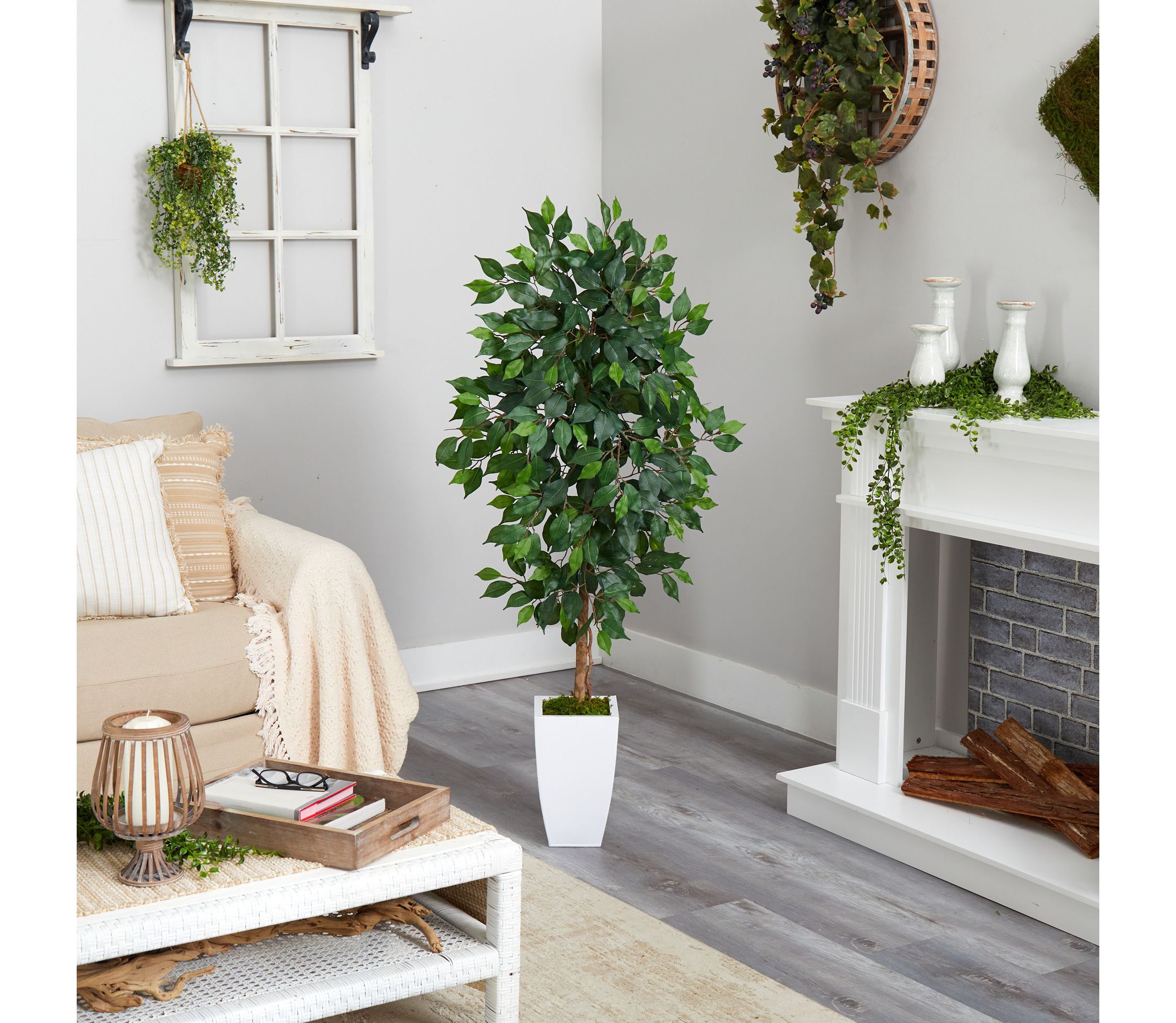 4.5-Foot Ficus Artificial Tree in White Metal Planter