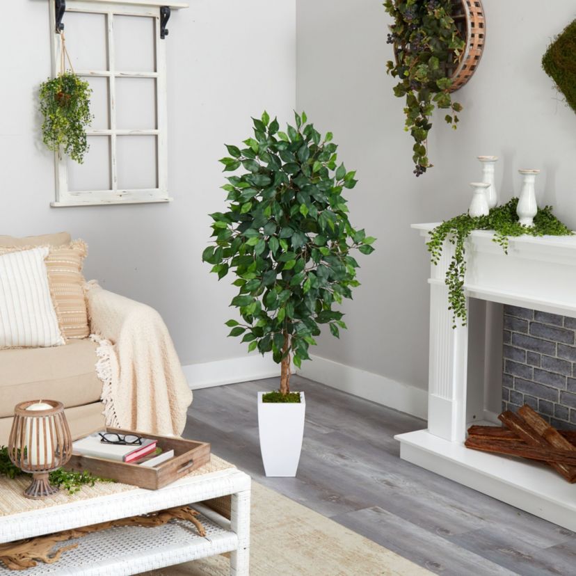 4.5-Foot Ficus Artificial Tree in White Metal Planter