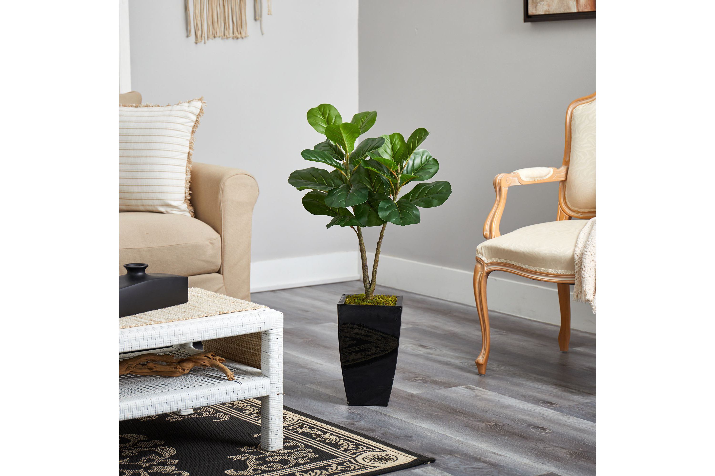 3-Foot Fiddle Leaf Fig Artificial Tree in Black Metal Planter