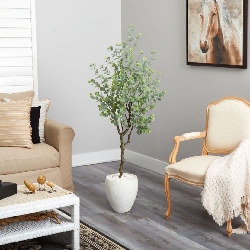 63-Inch Eucalyptus Artificial Tree in White Planter