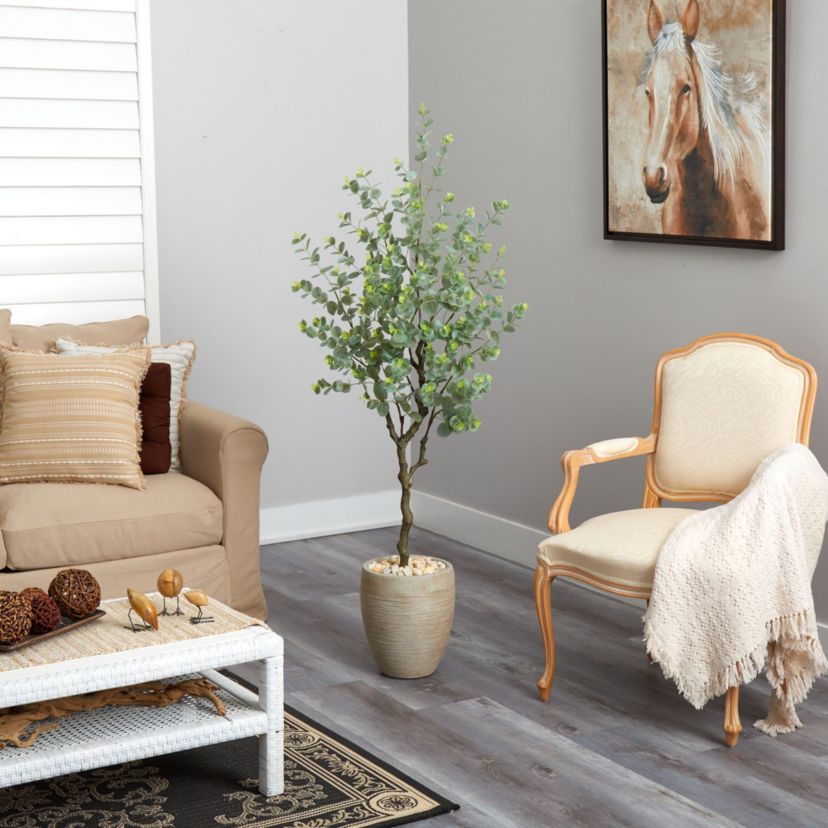 5-Foot Eucalyptus Artificial Tree in Sandstone Planter