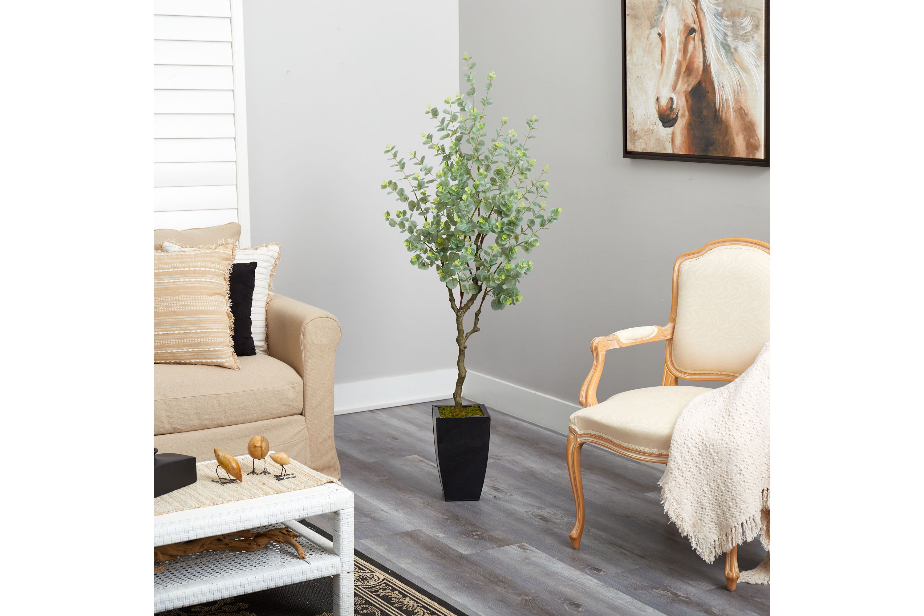 64-Inch Eucalyptus Artificial Tree in Black Metal Planter