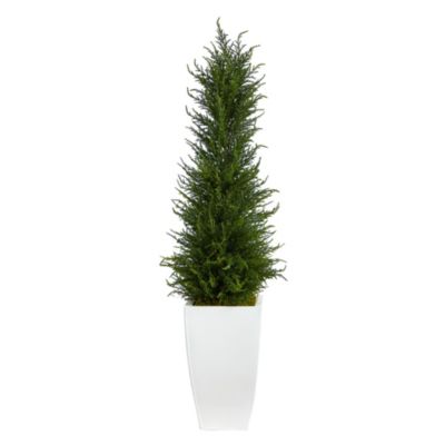 3.5-Foot Cypress Artificial Tree in White Metal Planter UV Resistant (Indoor/Outdoor)