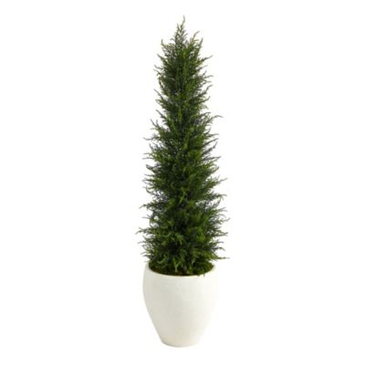 4-Foot Cypress Artificial Tree in White Planter UV Resistant (Indoor/Outdoor)