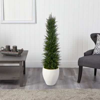 4-Foot Cypress Artificial Tree in White Planter UV Resistant (Indoor/Outdoor)