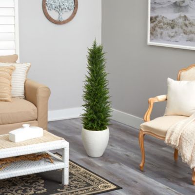 4-Foot Cypress Artificial Tree in White Planter UV Resistant (Indoor/Outdoor)