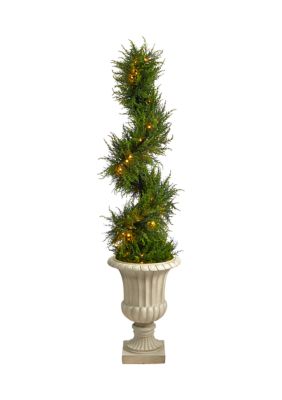 Nearly Natural 5-Foot Spiral Cypress Artificial Tree in Sand Finished Urn with 80 Clear LED Lights UV Resistant (Indoor/Outdoor), Green