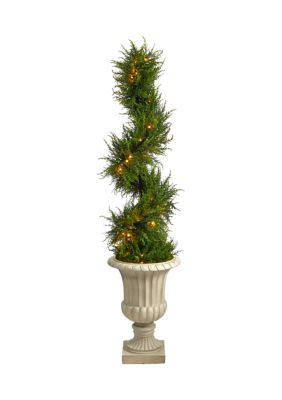 5-Foot Spiral Cypress Artificial Tree in Sand Finished Urn with 80 Clear LED Lights UV Resistant (Indoor/Outdoor)