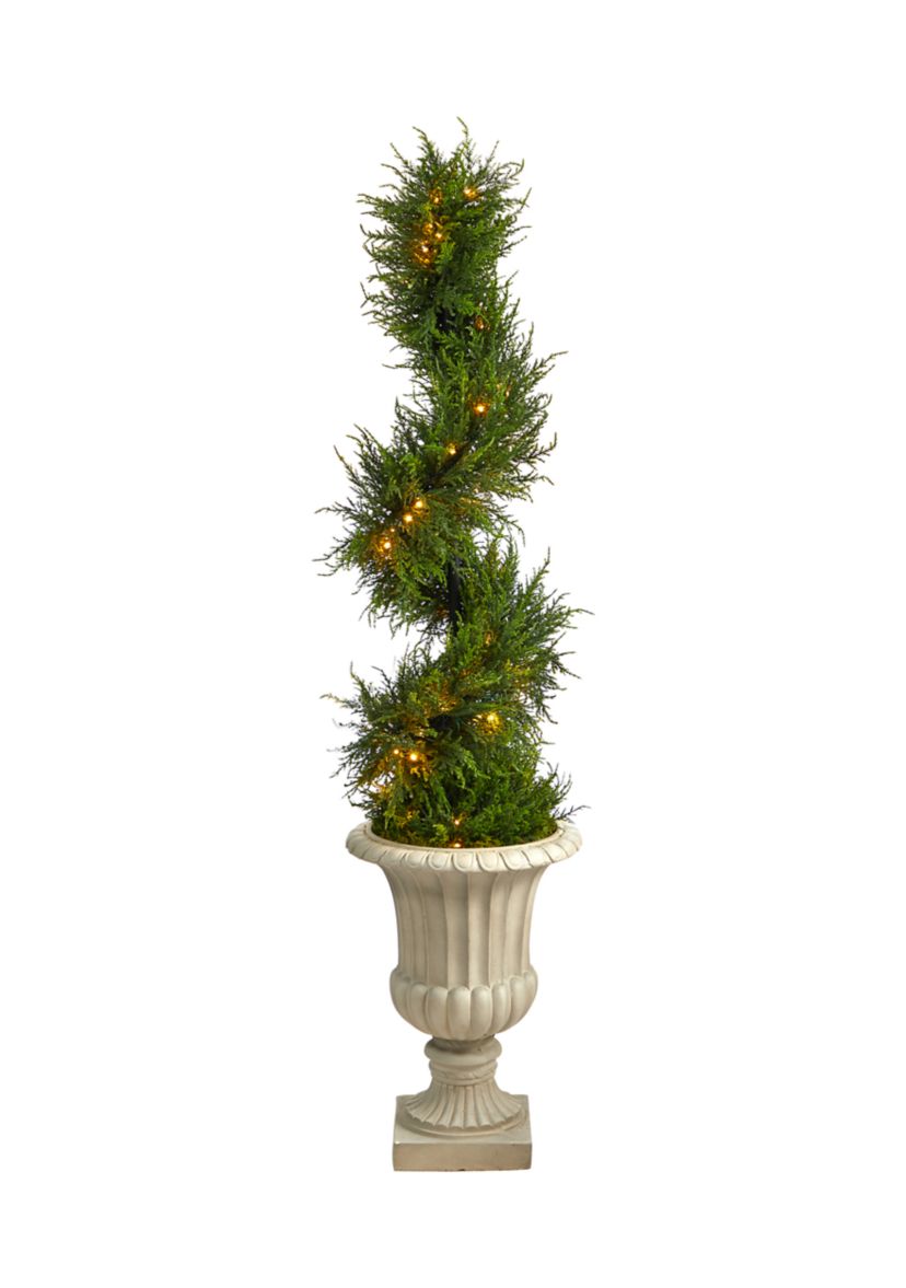 5-Foot Spiral Cypress Artificial Tree in Sand Finished Urn with 80 Clear LED Lights UV Resistant (Indoor/Outdoor)