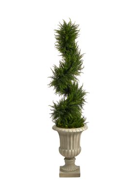 5-Foot Spiral Cypress Artificial Tree in Sand Finished Urn with 80 Clear LED Lights UV Resistant (Indoor/Outdoor)