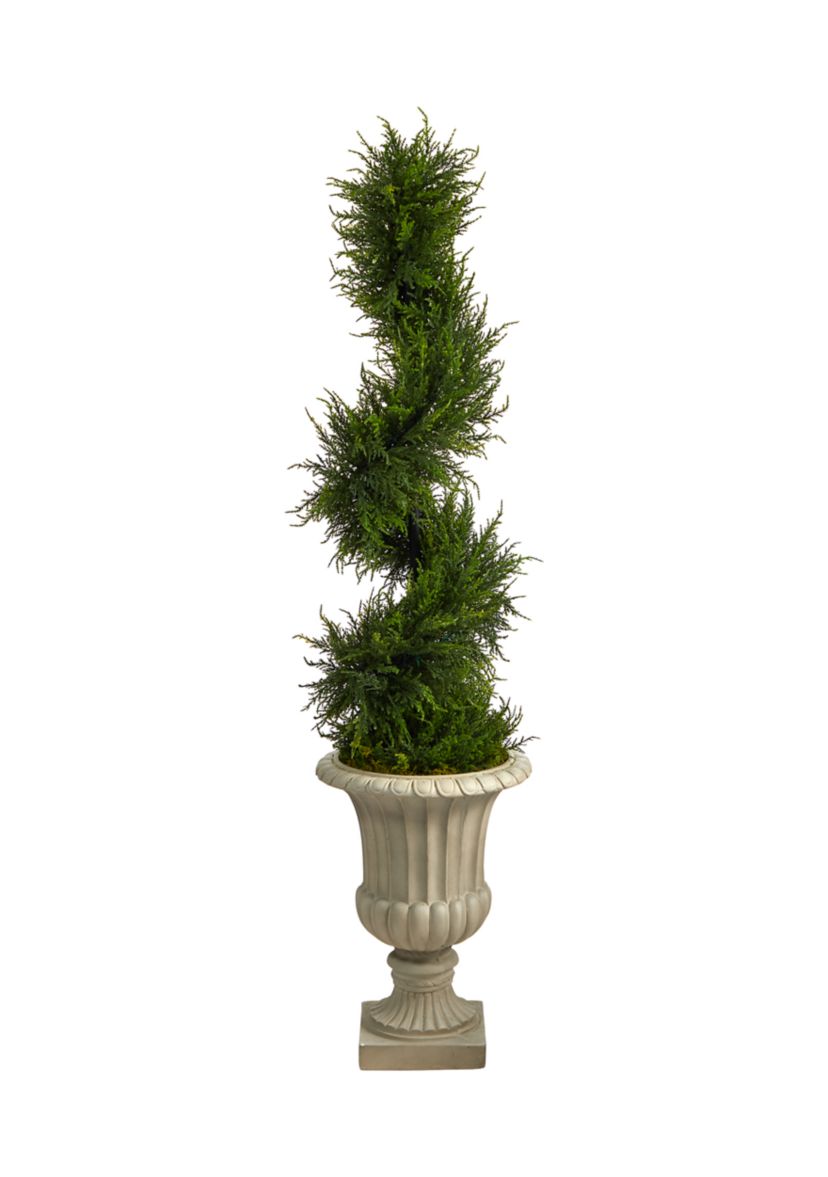 5-Foot Spiral Cypress Artificial Tree in Sand Finished Urn with 80 Clear LED Lights UV Resistant (Indoor/Outdoor)