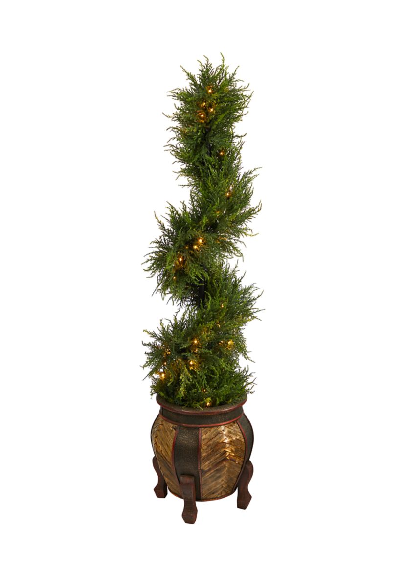 4.5-Foot Spiral Cypress Artificial Tree in Decorative Planter with 80 Clear LED Lights UV Resistant (Indoor/Outdoor)