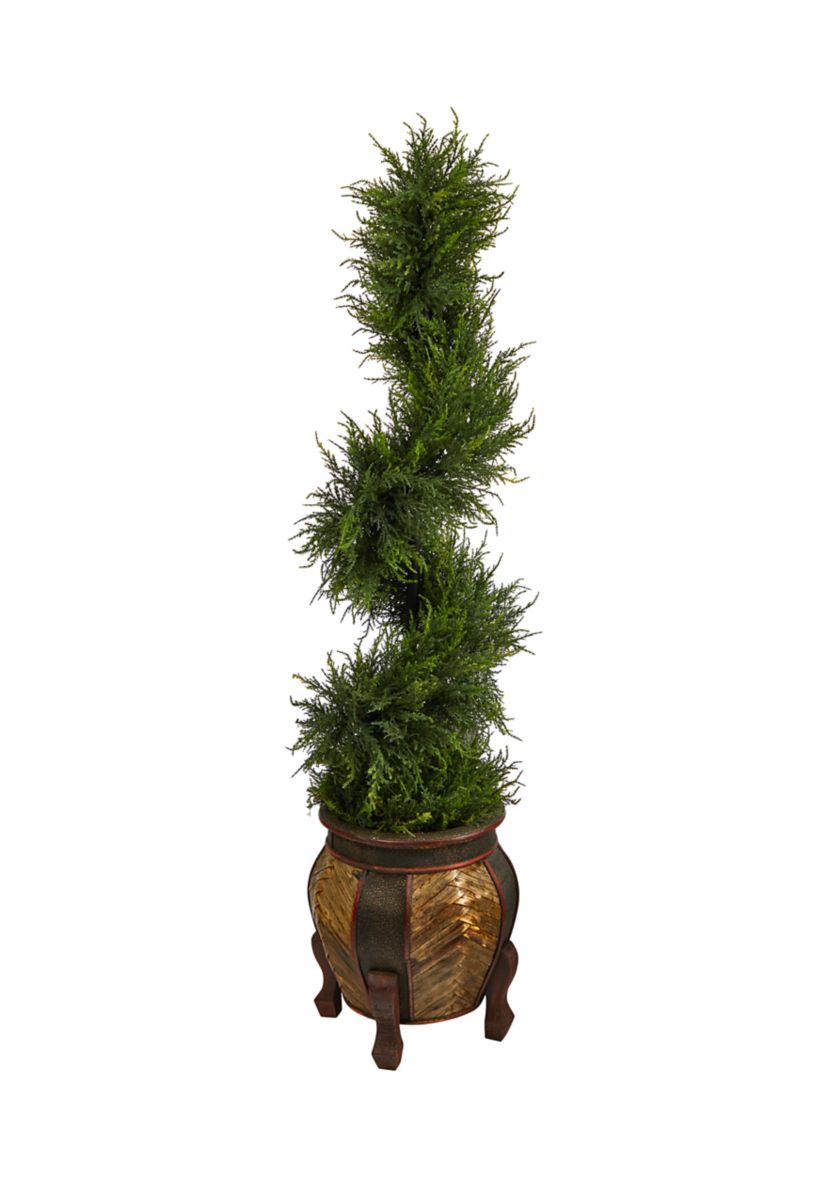 4.5-Foot Spiral Cypress Artificial Tree in Decorative Planter with 80 Clear LED Lights UV Resistant (Indoor/Outdoor)