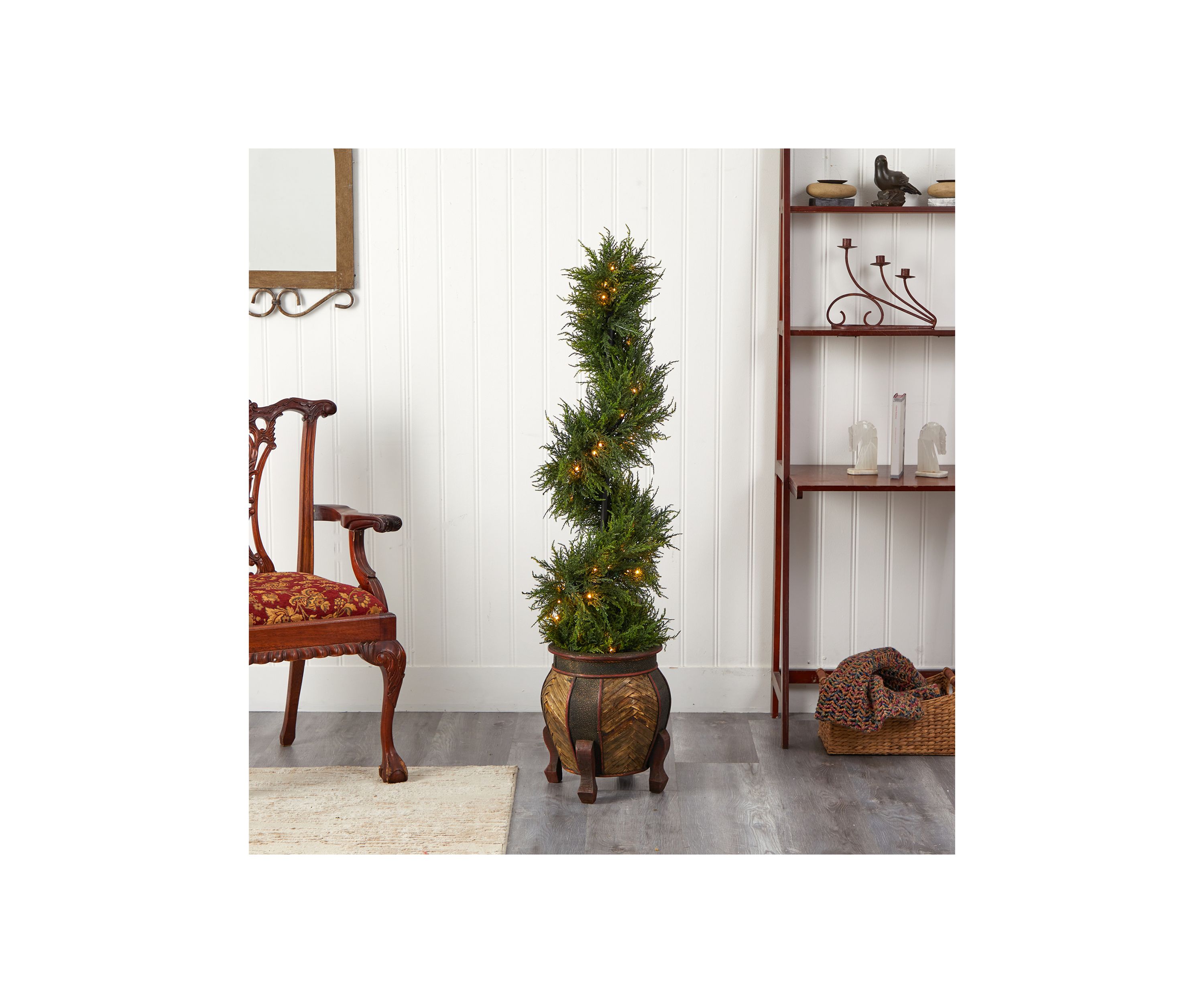 4.5-Foot Spiral Cypress Artificial Tree in Decorative Planter with 80 Clear LED Lights UV Resistant (Indoor/Outdoor)