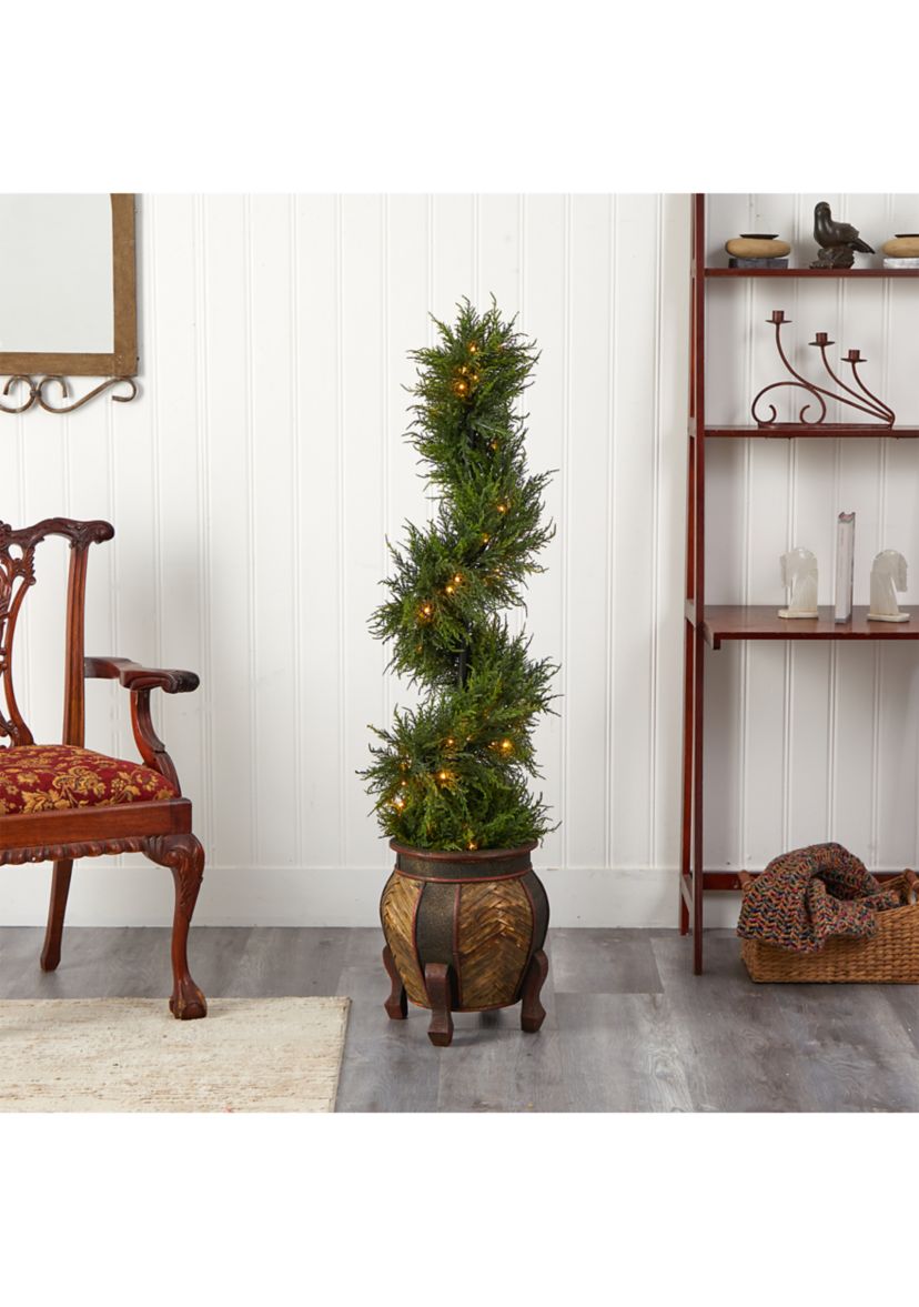 4.5-Foot Spiral Cypress Artificial Tree in Decorative Planter with 80 Clear LED Lights UV Resistant (Indoor/Outdoor)