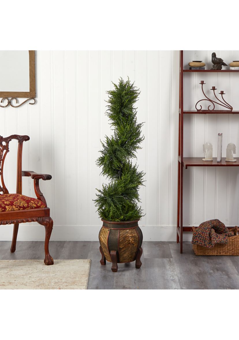 4.5-Foot Spiral Cypress Artificial Tree in Decorative Planter with 80 Clear LED Lights UV Resistant (Indoor/Outdoor)
