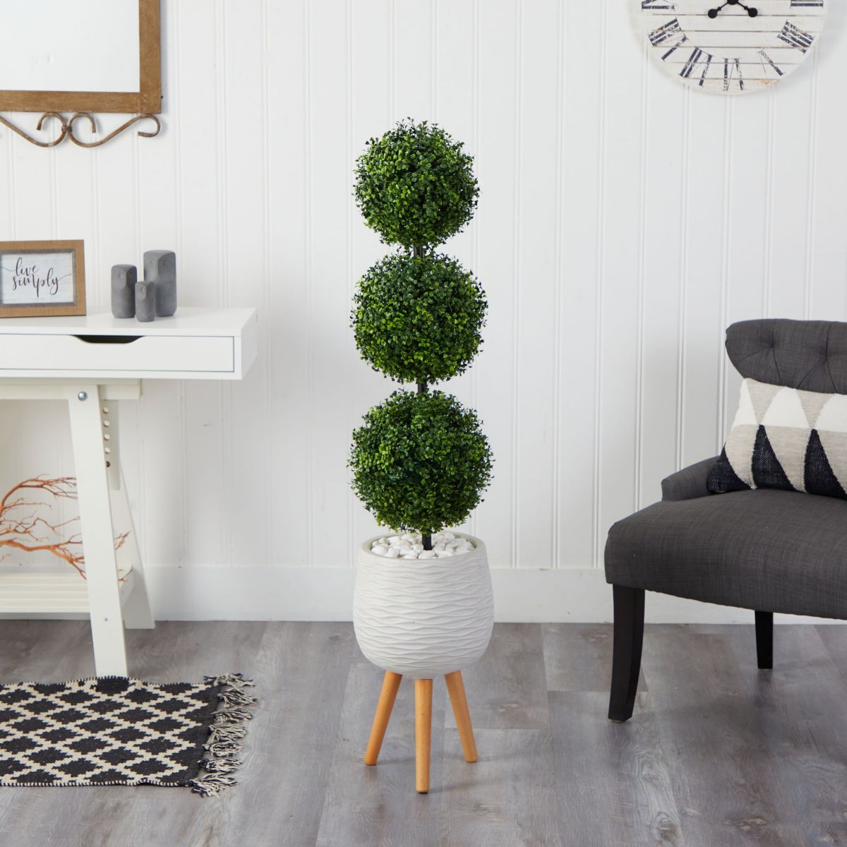 51-Inch Boxwood Triple Ball Topiary Artificial Tree in White Planter with Stand (Indoor/Outdoor)