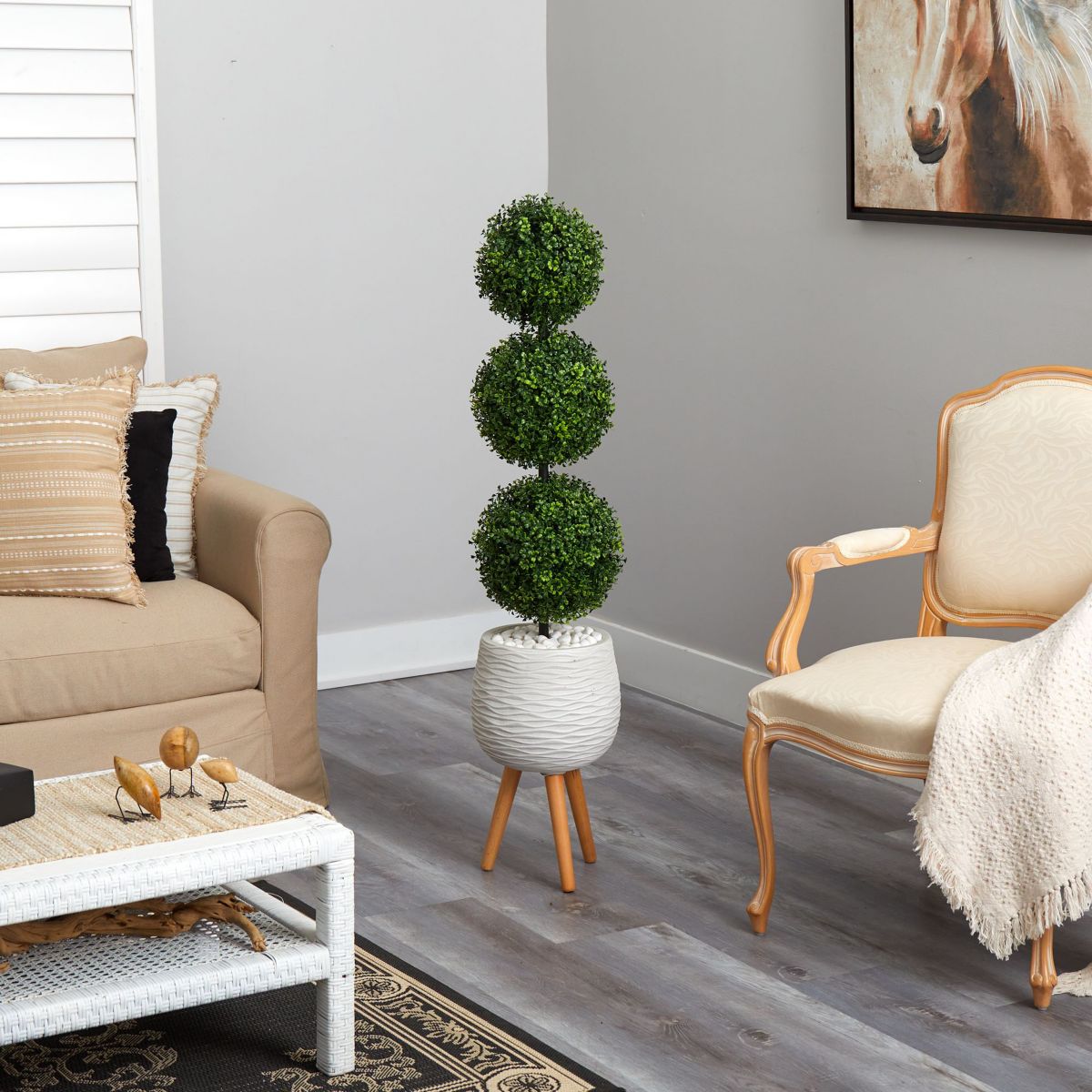 51-Inch Boxwood Triple Ball Topiary Artificial Tree in White Planter with Stand (Indoor/Outdoor)
