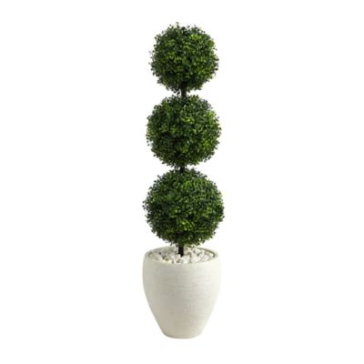 Nearly Natural 3.5-Foot Boxwood Triple Ball Topiary Artificial Tree in White Planter (Indoor/Outdoor), Green