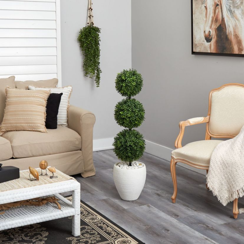 3.5-Foot Boxwood Triple Ball Topiary Artificial Tree in White Planter (Indoor/Outdoor)