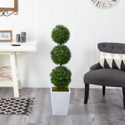 46-Inch Boxwood Triple Ball Topiary Artificial Tree in White Metal Planter (Indoor/Outdoor)