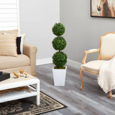 46-Inch Boxwood Triple Ball Topiary Artificial Tree in White Metal Planter (Indoor/Outdoor)