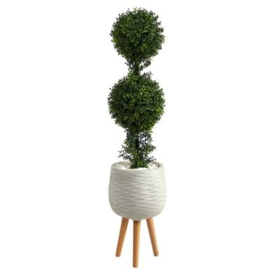 4-Foot Boxwood Double Ball Topiary Artificial Tree in White Planter with Stand (Indoor/Outdoor)