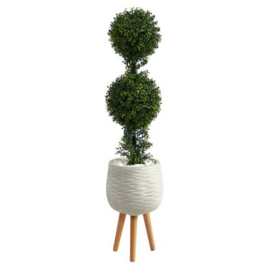 Nearly Natural 4-Foot Boxwood Double Ball Topiary Artificial Tree in White Planter with Stand (Indoor/Outdoor)