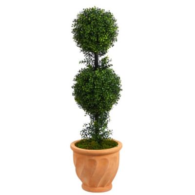 Nearly Natural 40-Inch Boxwood Double Ball Topiary Artificial Tree in Terra-Cotta Planter (Indoor/Outdoor), Green