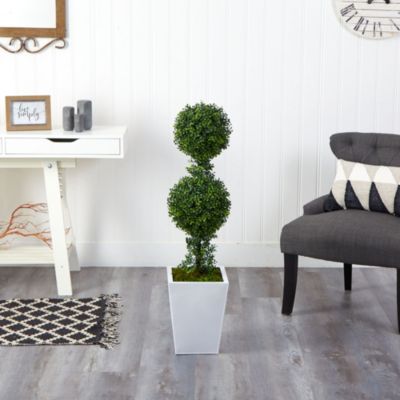 3.5-Foot Boxwood Double Ball Topiary Artificial Tree in White Metal Planter(Indoor/Outdoor)