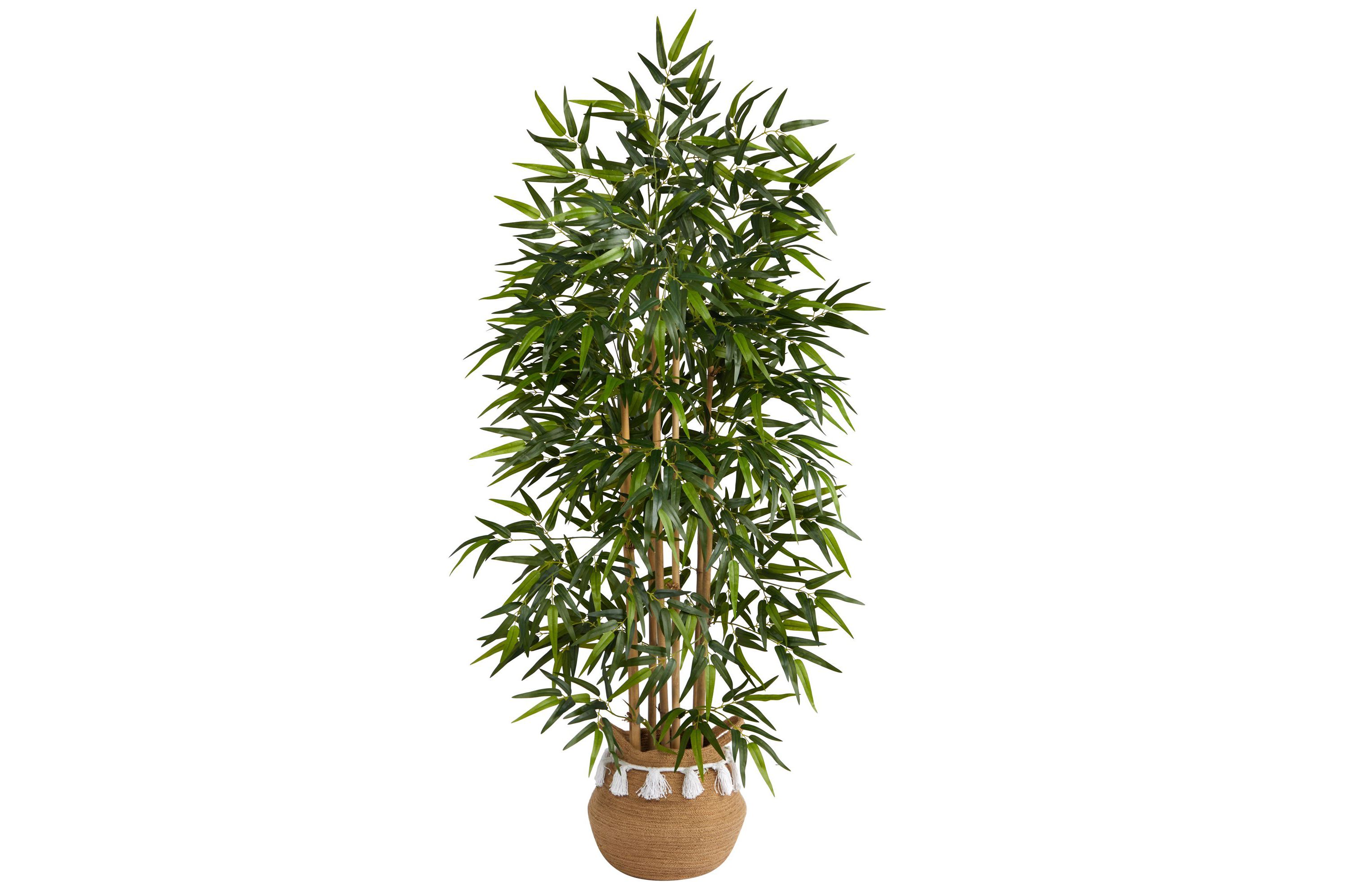 64-Inch Bamboo Artificial Tree with Natural Bamboo Trunks in Boho Chic Handmade Natural Cotton Woven Planter with Tassels
