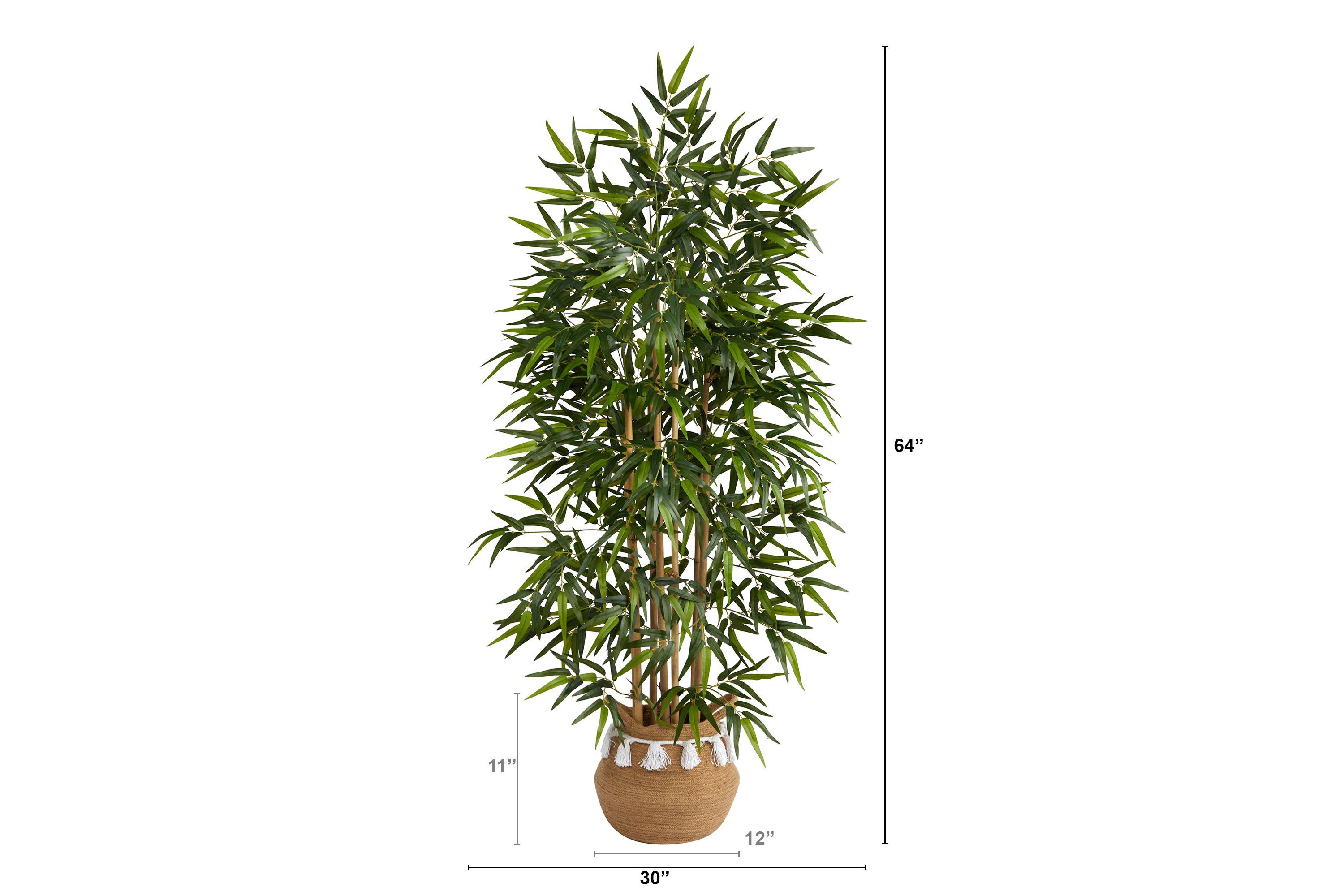 64-Inch Bamboo Artificial Tree with Natural Bamboo Trunks in Boho Chic Handmade Natural Cotton Woven Planter with Tassels