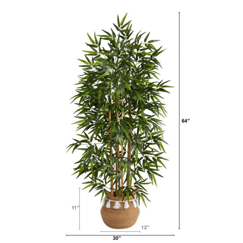 64-Inch Bamboo Artificial Tree with Natural Bamboo Trunks in Boho Chic Handmade Natural Cotton Woven Planter with Tassels