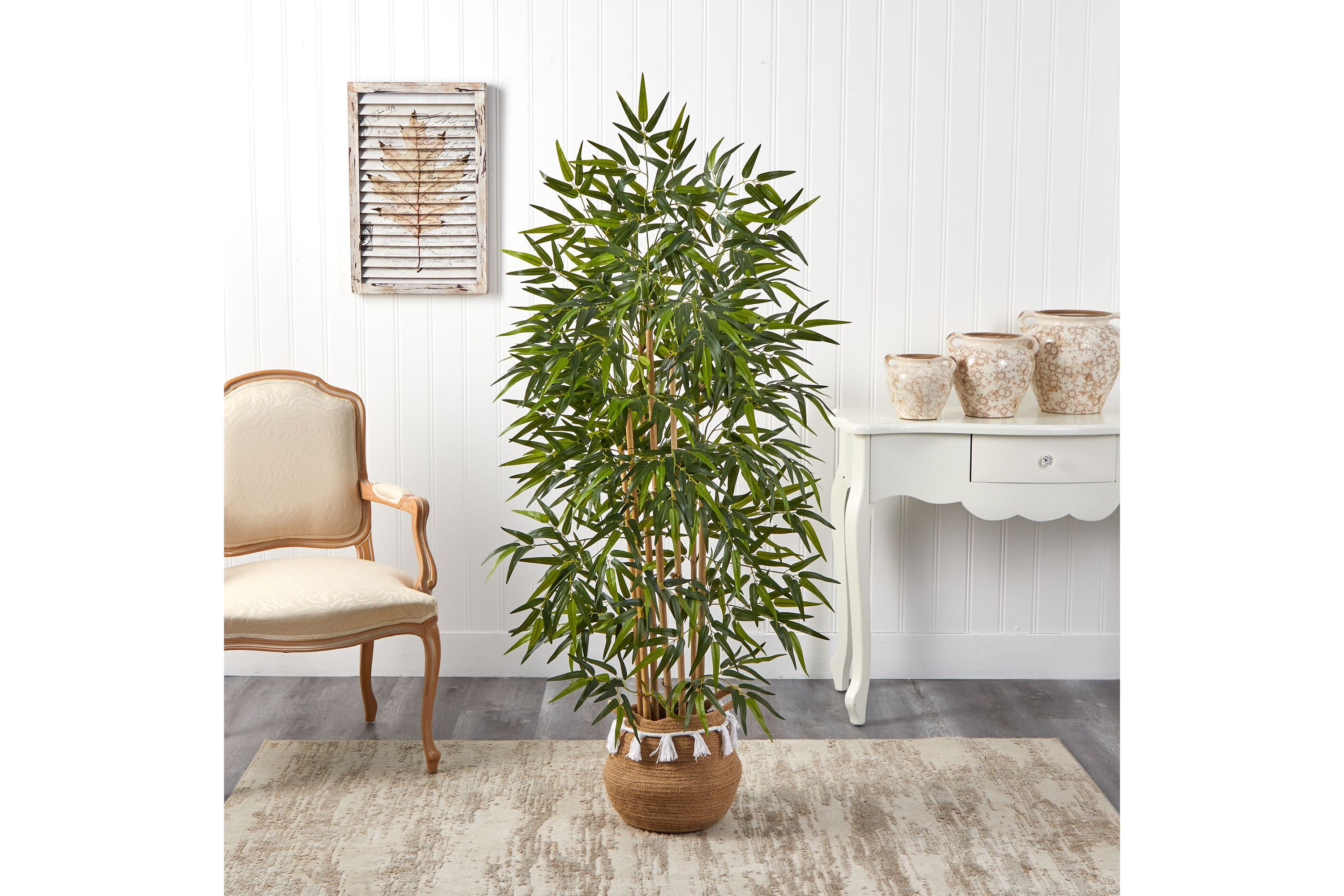 64-Inch Bamboo Artificial Tree with Natural Bamboo Trunks in Boho Chic Handmade Natural Cotton Woven Planter with Tassels