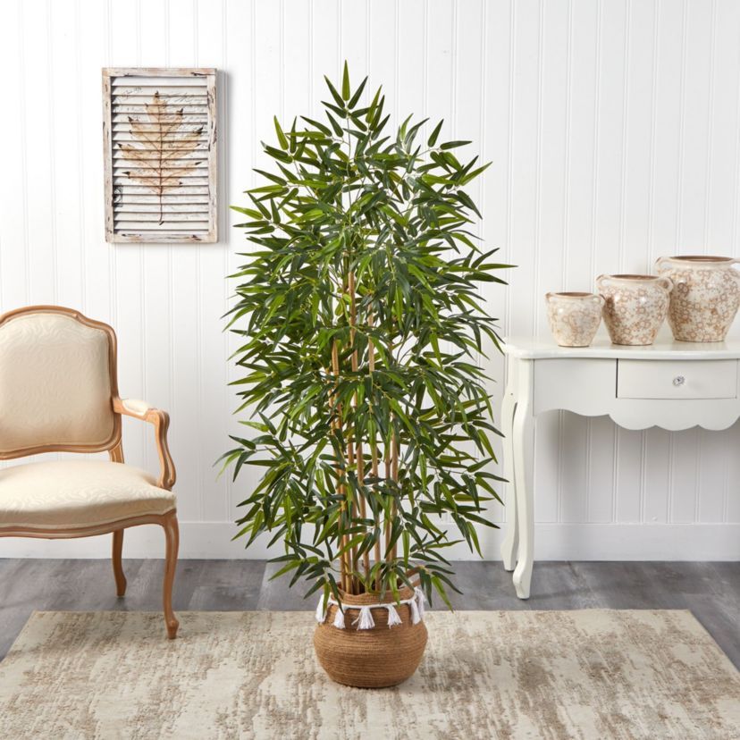 64-Inch Bamboo Artificial Tree with Natural Bamboo Trunks in Boho Chic Handmade Natural Cotton Woven Planter with Tassels