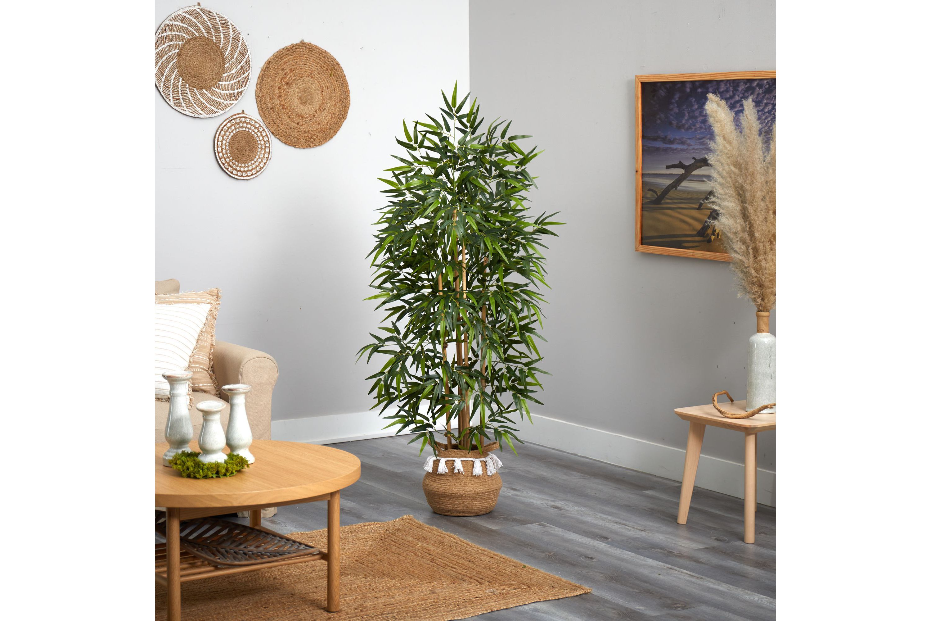 64-Inch Bamboo Artificial Tree with Natural Bamboo Trunks in Boho Chic Handmade Natural Cotton Woven Planter with Tassels