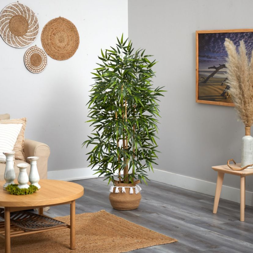 64-Inch Bamboo Artificial Tree with Natural Bamboo Trunks in Boho Chic Handmade Natural Cotton Woven Planter with Tassels