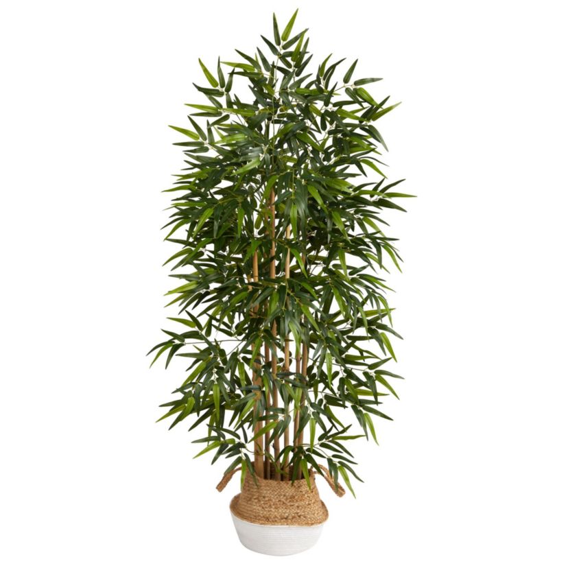 64-Inch Bamboo Artificial Tree with Natural Bamboo Trunks in Boho Chic Handmade Cotton and Jute White Woven Planter