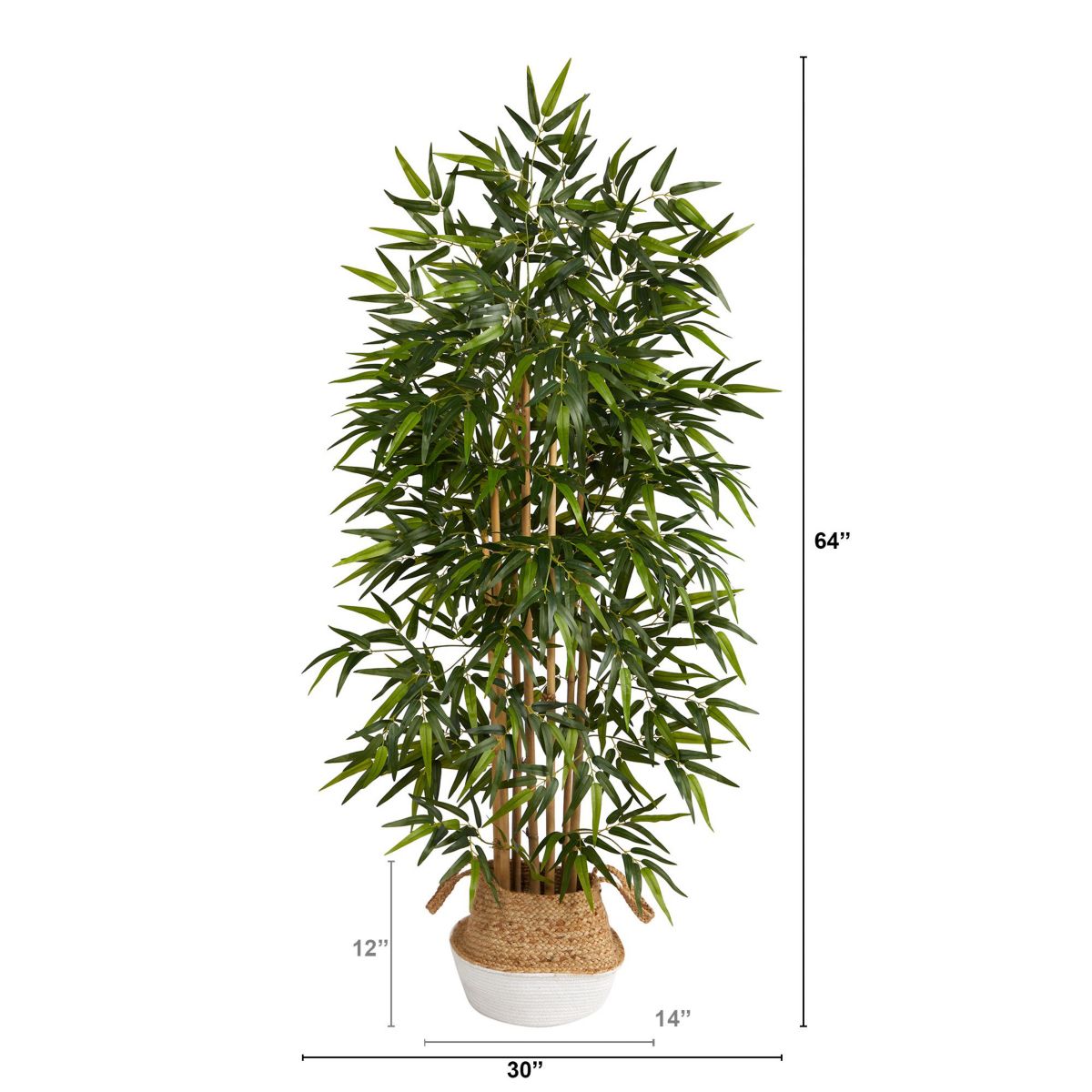 64-Inch Bamboo Artificial Tree with Natural Bamboo Trunks in Boho Chic Handmade Cotton and Jute White Woven Planter