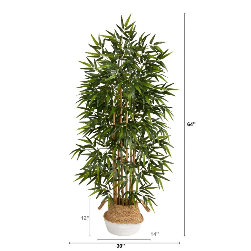 64-Inch Bamboo Artificial Tree with Natural Bamboo Trunks in Boho Chic Handmade Cotton and Jute White Woven Planter